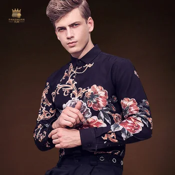 

FANZHUAN Men'S Winter Shirt Personality Trend Flower Slim Warm Plus Velvet Thickening Clothes Men'S Long Sleeves