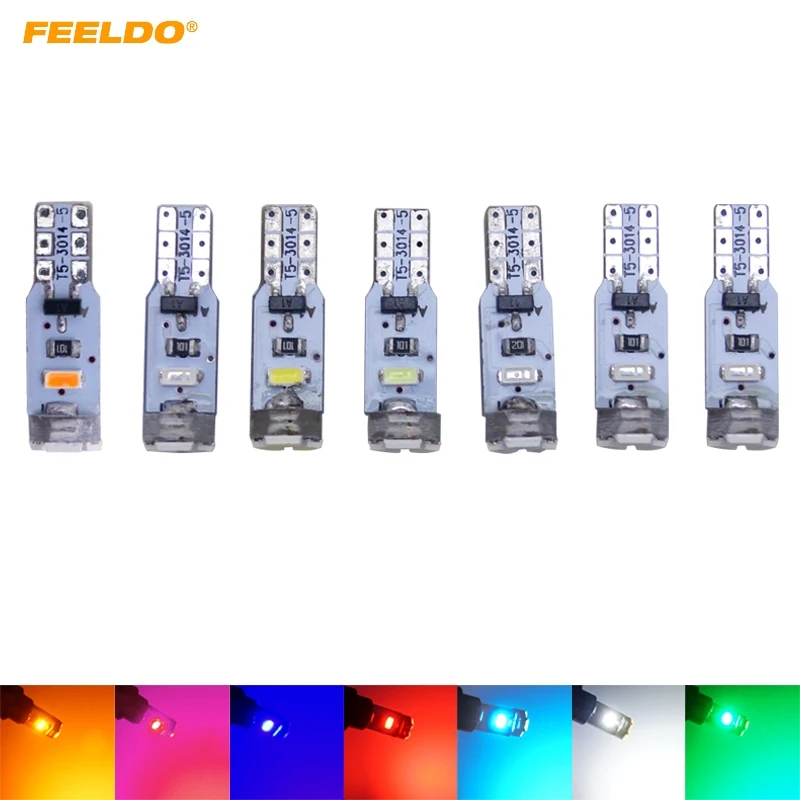 

FEELDO 2Pcs Car T5 3014 5LED 5SMD Auto Wedge Light Lamp Warning Canbus No Error Car LED Light 7-Color #AM4024