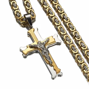 

Cross Pendant Necklace New Fashion Male Jewelry Trendy Silver Color Gold Color Stainless Steel Thick Link Byzantine Chain Choker