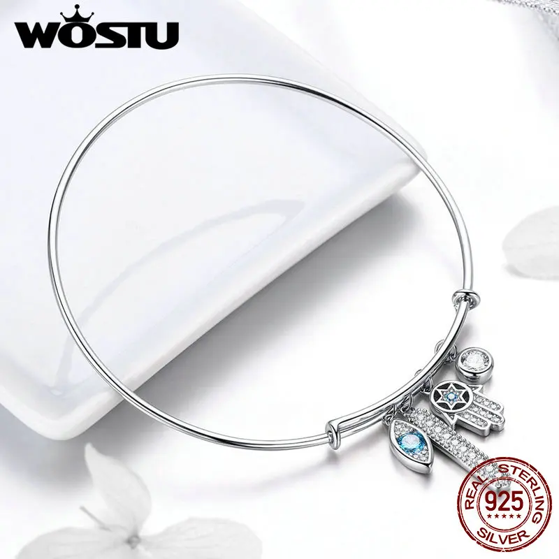 

WOSTU 2019 European 100% 925 Sterling Silver Hamsa Hand Eye Bracelets For Women Bangles Wedding Engagement Silver Jewelry FIB128