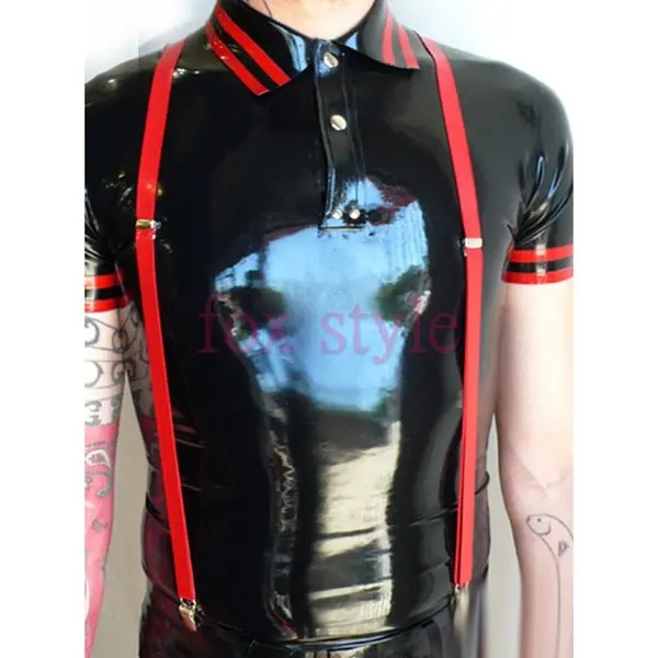 

Male' s Men's nature rubber latex suspender shirt clothes in black and red tirm in heavy 0.6mm thicnkness