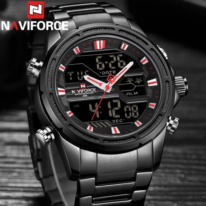 NAVIFORCE часы Мужские лучший бренд класса люкс нержавеющая сталь спортивные водонепроницаемые мужские часы Цифровые кварцевые военные мужские наручные часы 9138