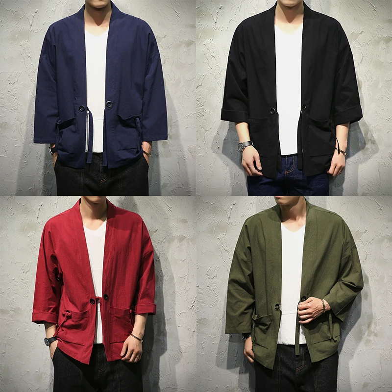 

Sinicism Store Cotton Linen Shirts Men Kimono Traditional Open Stitch Shirt Belt Pocket Male Three Quarter Sleeve Shirt Harajuku