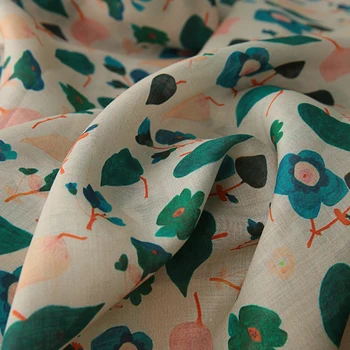 

High quality pure ramie patchwork Beige plant flowers fabric New Thin Material for Summer Dresses material