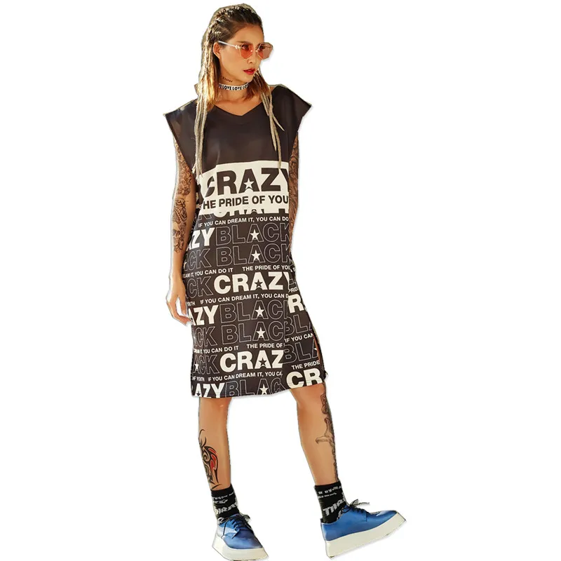 

just.be.never women hip hop letter "crazy" printed vest dress black white graphic high street for girls summer big size dress