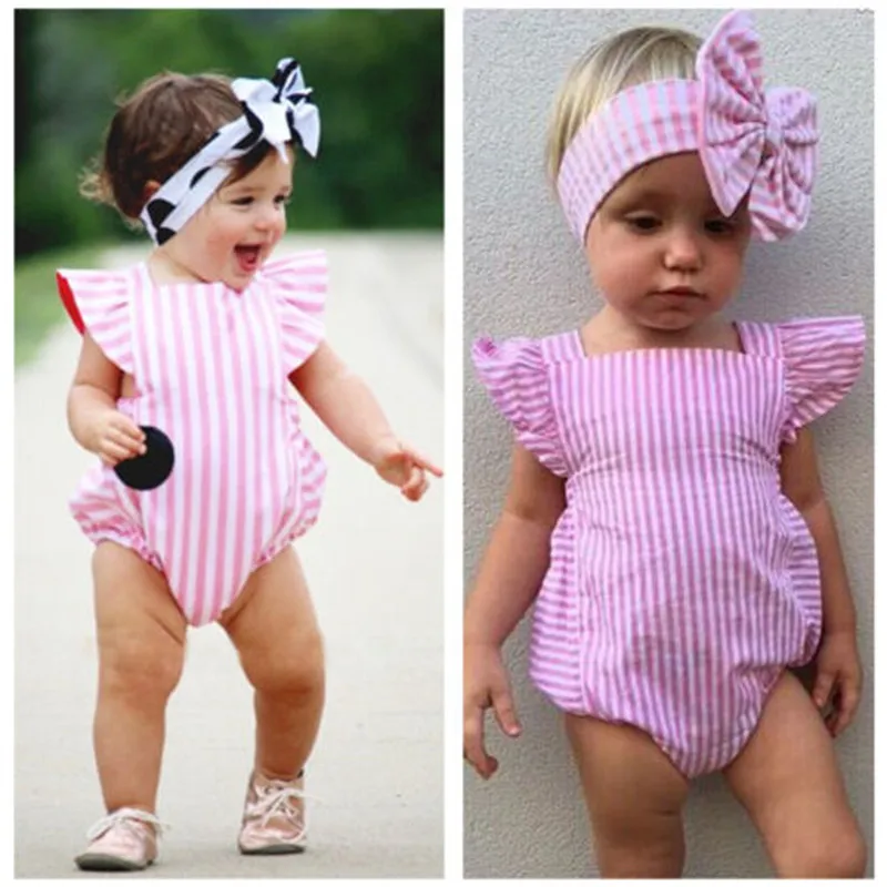 

2019 Newborn Infant Baby Girls Pink Stripes Romper Bodysuit sweet short Ruffle sleeve Bandage Sunsuit Clothes Outfits