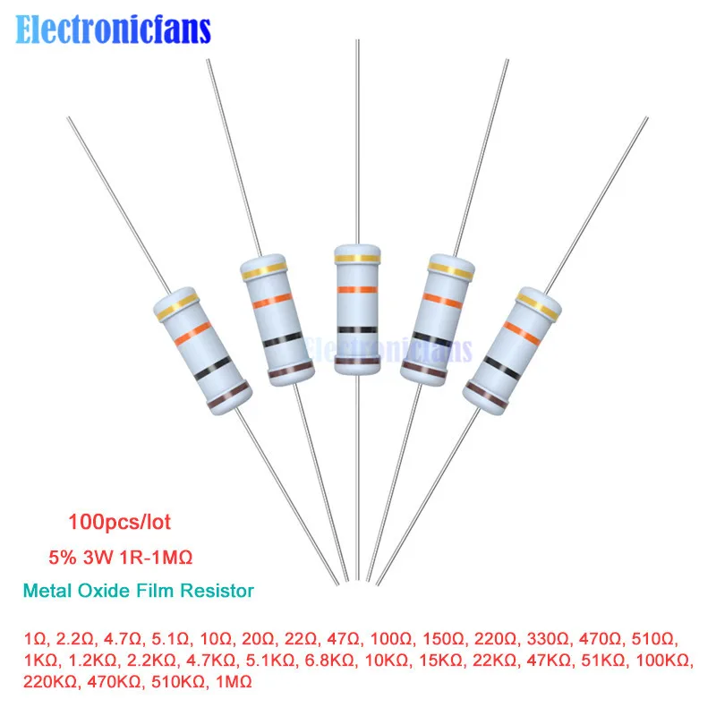 100 шт. металлооксидный пленочный резистор 1R 4.7R 10R 100R 220R 1K 2,2 K 4,7 K 6,8 K 10K 22K 47K 100K 470K 1 МОм Ohm Сопротивление 5% 3 Вт 1R-1M Ω