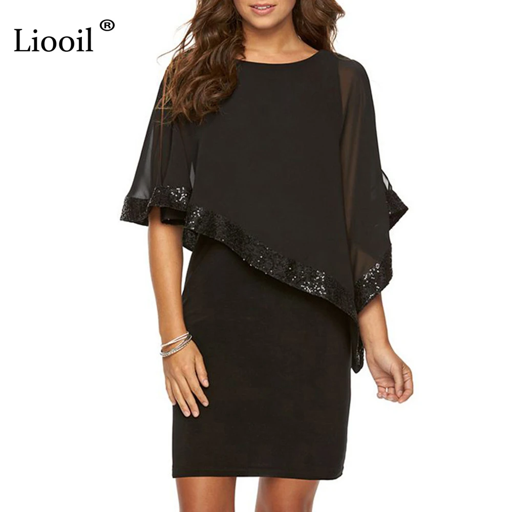 

Liooil Black Sequin Lace Patchwork Summer Dress 2019 Cloak Sleeve Sheath O Neck High Waist Bodycon Casual Dress Sexy Party Dress