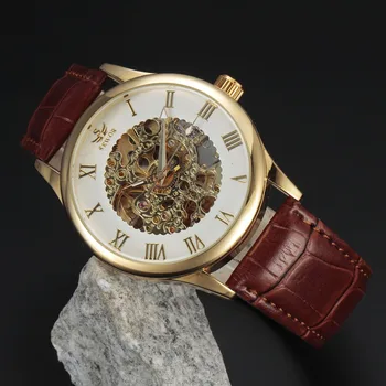 

SEWOR Golden Automatic Mechanical Rome Skeleton Watch Men Brown Leather Band Transparent Wristwatch Auto Male Dress Gift Clock