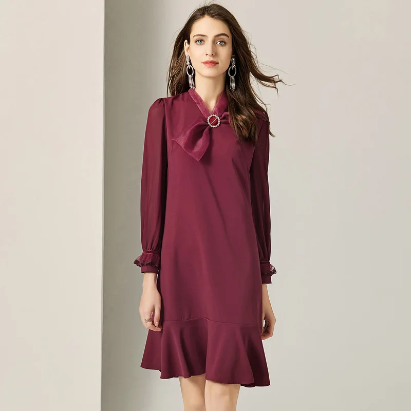 Платье женское 2019 весна лето новый французский стиль винтажная мода v-образный вырез бант длина запястья рукава однотонный цвет