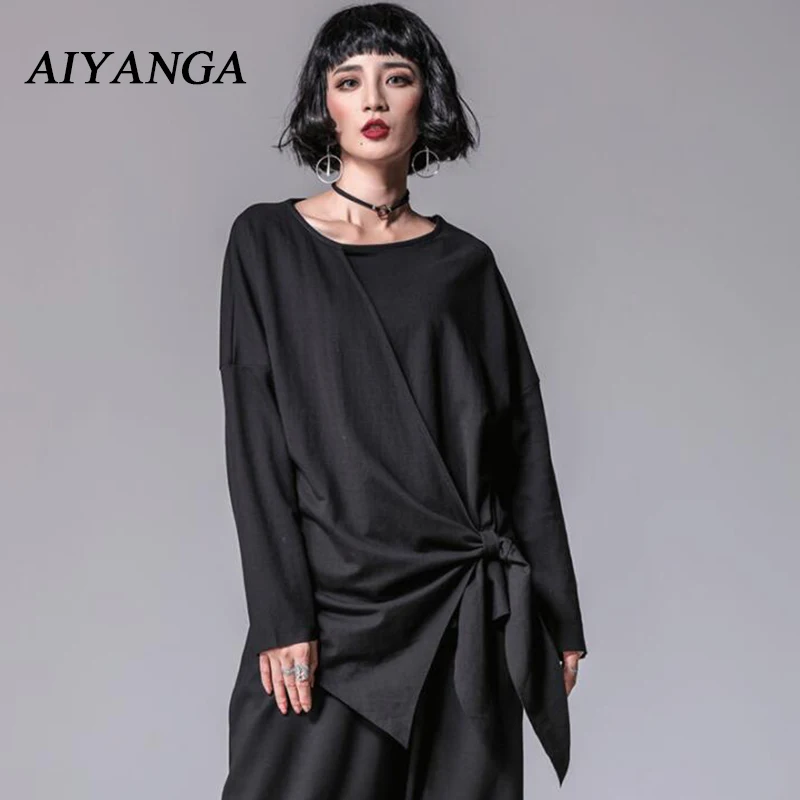 

New Fashion Long Sleeve T-Shirts Women O Neck Casual Loose irregular Tops Female personality T-Shirts Solid Color Black 2018