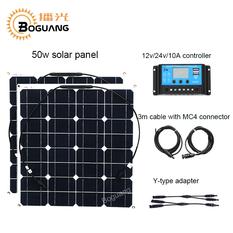 

Boguang 100w solar system 50w Monocrystalline solar panel cell Y-type cable adapter MC4 connector DIY kit module 12v battery