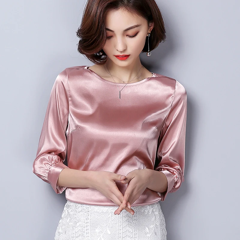 Women Blouses Casual OL Silk Blouse Autumn Loose Basic Satin Shirt Work Wear Blusas Feminina Tops Shirts Plus Size XXXL Pink/Red - 32900666827