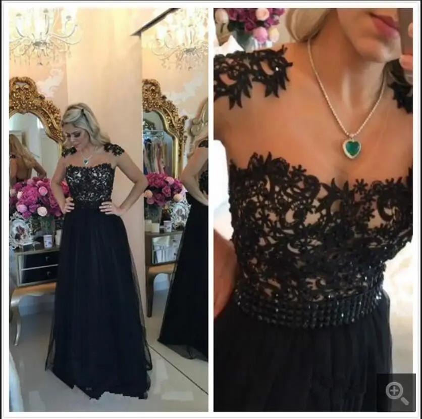

2017 Vestido De Novia black lace sheer back sexy evening dress cap sleeve with crystal sashes v neckline evening gowns
