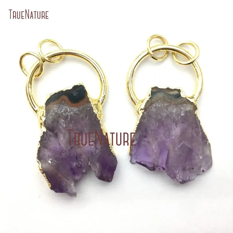 

PM12687 Natural Amethyst Healing Crystal Cluster Pendant Free Form Hoops Crystal Pendant Gold Plated Jewelry 42x33mm