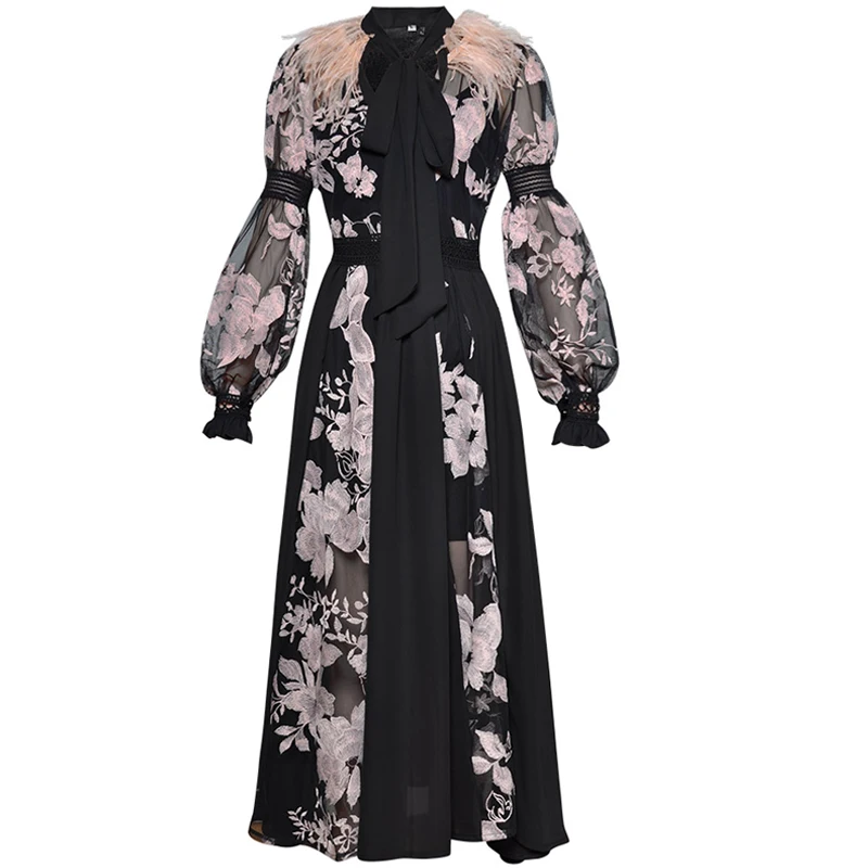 

Red RoosaRosee Fashion Spring Summer Women's Long Lantern Sleeve Bow Collar Feather Patchwork Mesh Floral Embroidery Sexy Dress