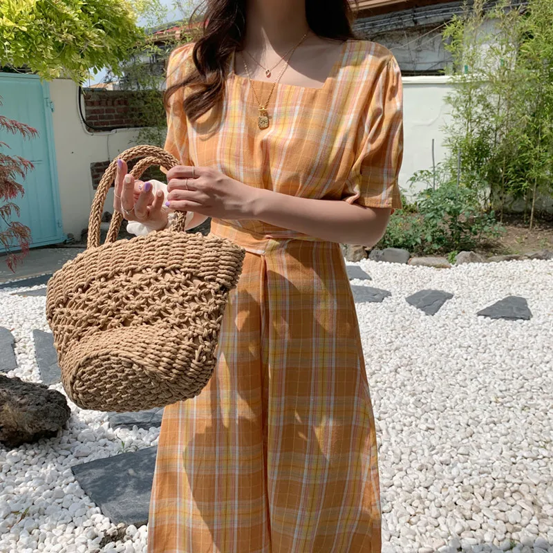 

Uego Korea Design Fashion Plaid Preppy Style Dress Slim Waist Bandage INS Sweet Girl's Summer Dress Women Prairie Chic Dress