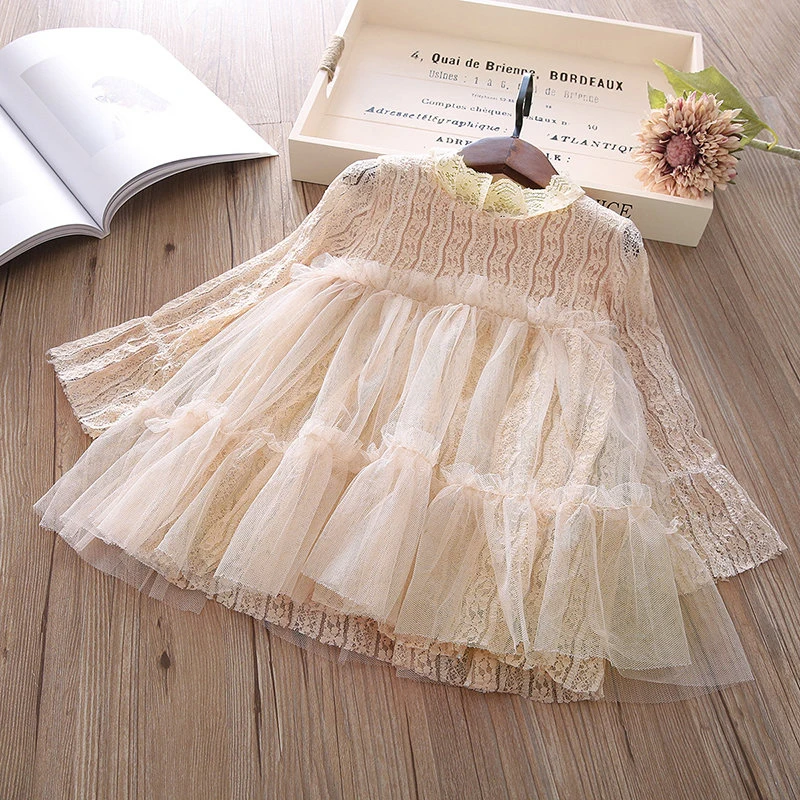 Autumn Summer Long Sleeve Baby Girls Party Lace Tulle Flower Gown Fancy