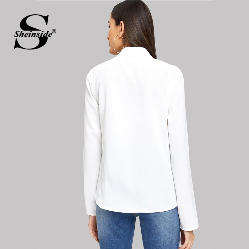 Sheinside v-образная горловина белая блузка рубашка женские летние топы элегантные женские Блузки рабочая одежда с длинным рукавом женский топ