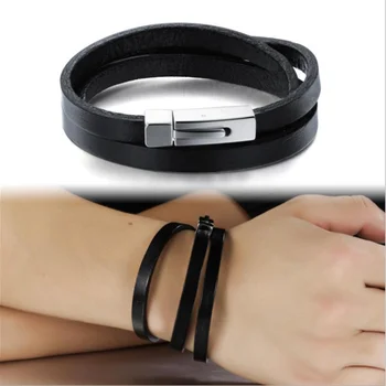 

Classical Three Layers Real Leather Bracelets Full Steel Magnet Clasp Men Jewelry Punk Style Men Accessories