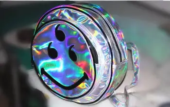 

Hot 2021 HARAJUKU Women Laser Backpack Bag Girls Metal Silver Hologram School Colorful Laser Holographic Zipper Smile Circle Bag
