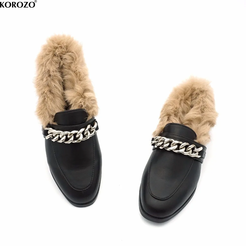 Women Winter Chain Fur Loafers Real Rabbit Furry Slipony Shoes Mental