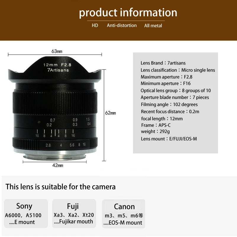 

7artisans Camera Lens 12mm F2.8 Ultra Wide Angle Lens for E-mount Aps-c Mirrorless Camera Manual Focus Prime Fixed len for Canon