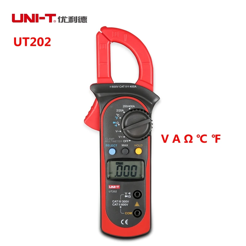 

UNI-T UT202 400A 600V Digital Clamp Meters Current/A Voltage/V Resistance C F Temperature Multimeters Auto Range