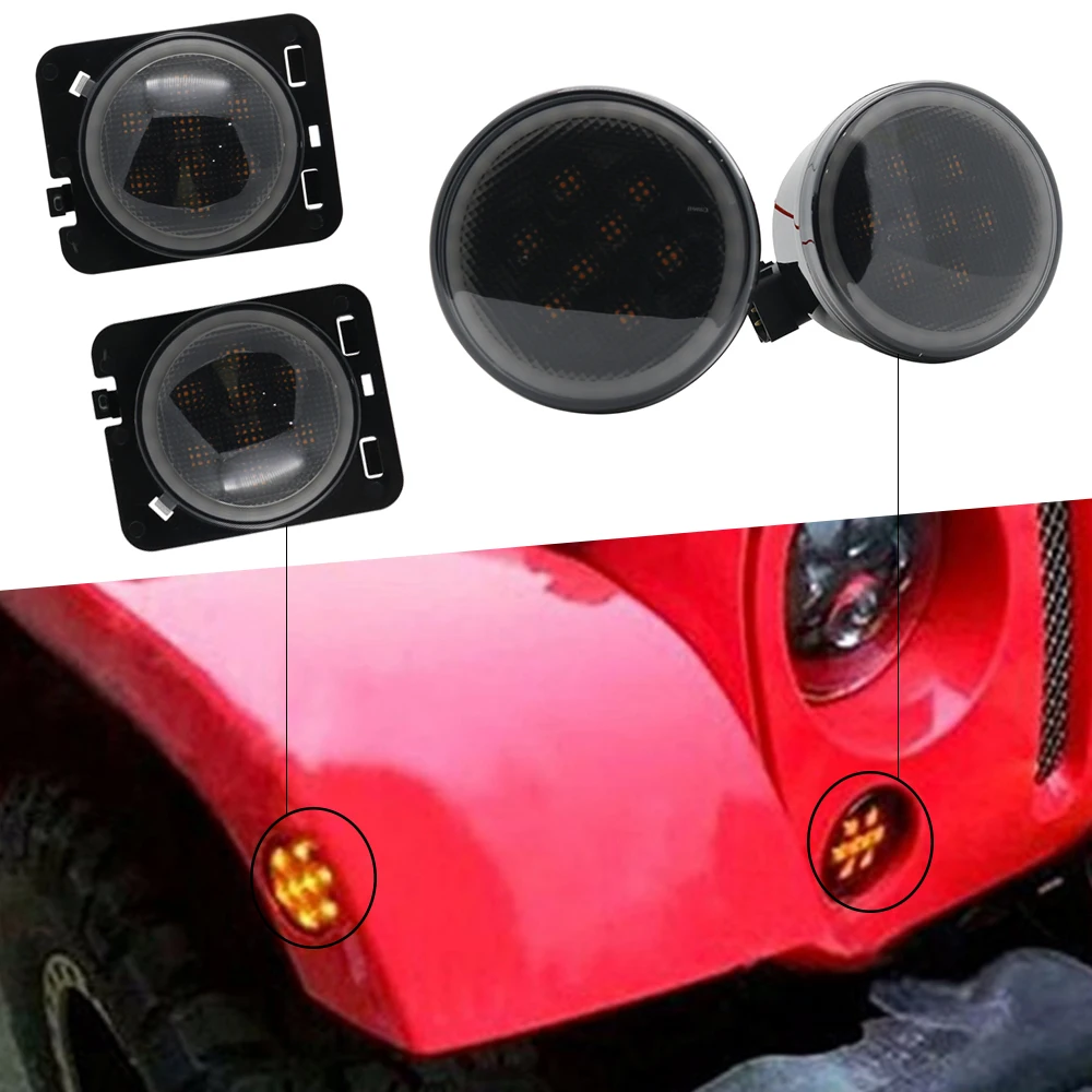 For 2007-2017 Jeep Wrangler JK Smoke Lens White Halo Ring Amber LED Front Turn Signal Light + Fender Side Marker Parking Lamp (53)