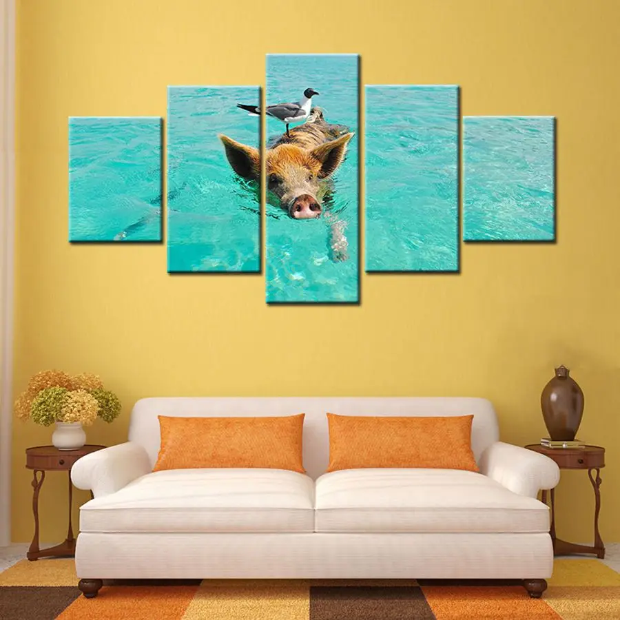 

A Pig Swimming in Water Seagull Animal Wall Art Painting Canvas Print Beautiful Landscape 5pcs No Frame Artwork for Home Decor
