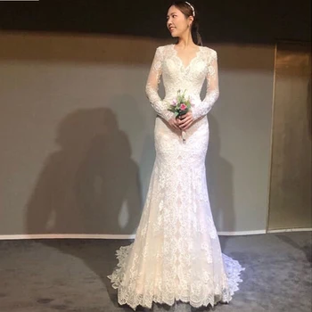 

Elegant Mermaid Style V-neck Wedding Dress With Long Sleeves Appliques Custom Vestido De Novia White Ivory Korea Bridal Dress
