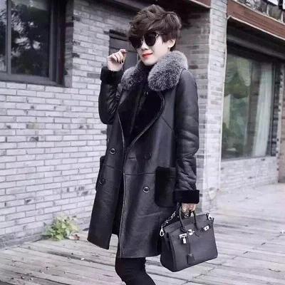 JQNZHNL размера плюс 6XL женское двубортное свободное кожаное пальто модная Толстая кожаная куртка с воротником из искусственного меха P142 - Цвет: black