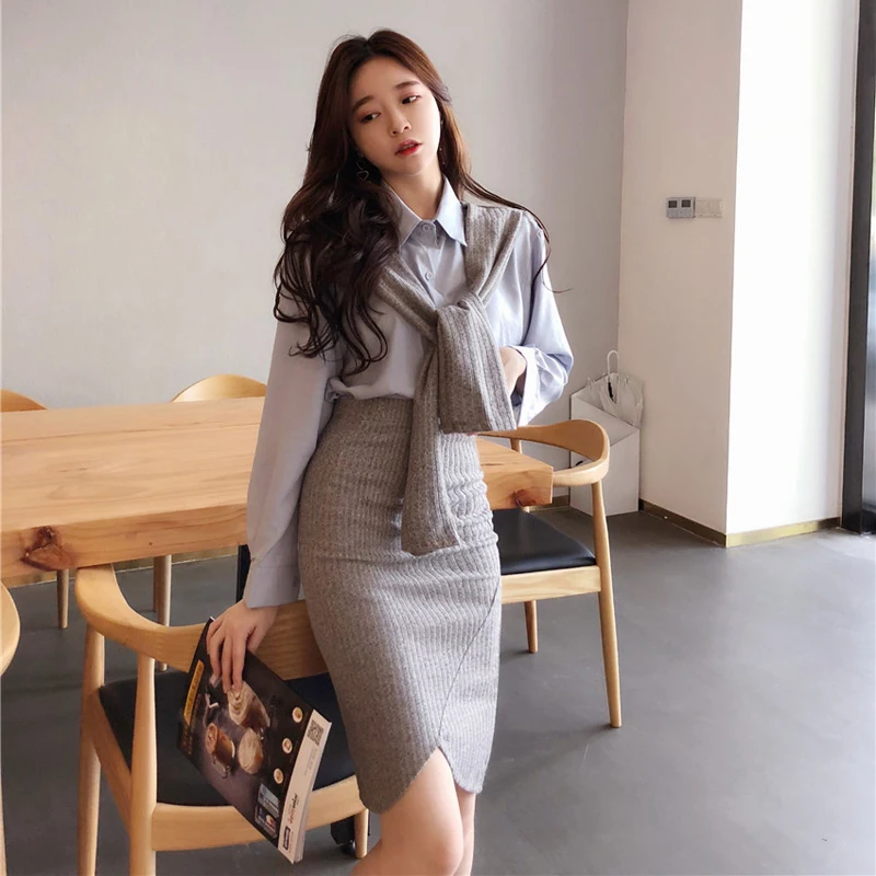 

Elegant 2 Pieces Set Single Breasted Sleeve Patchwork Blouse Shirt & Knitted Skirt Autumn Female Skirt Suit OL Style Women Set