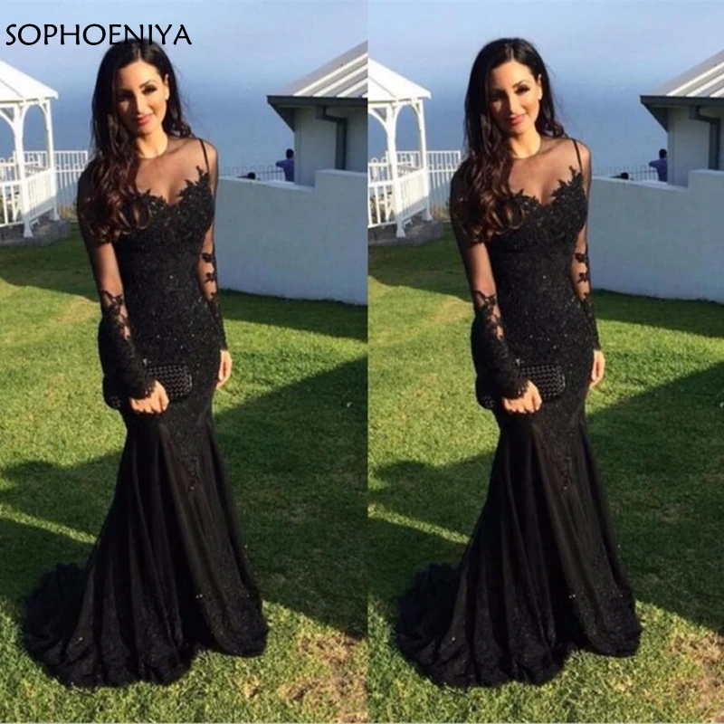 New Arrival Black Muslim Evening Dresses Long 2019 Mermaid Long Sleeves Party dress Dubai Arabic Long Formal Evening Gown