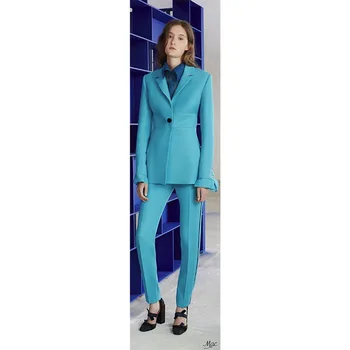 

Jacket+Pants Womens Business Suit Lake Blue Female Office Uniform Ladies Formal Trouser 2 Piece Suit Single Breasted Custom Made