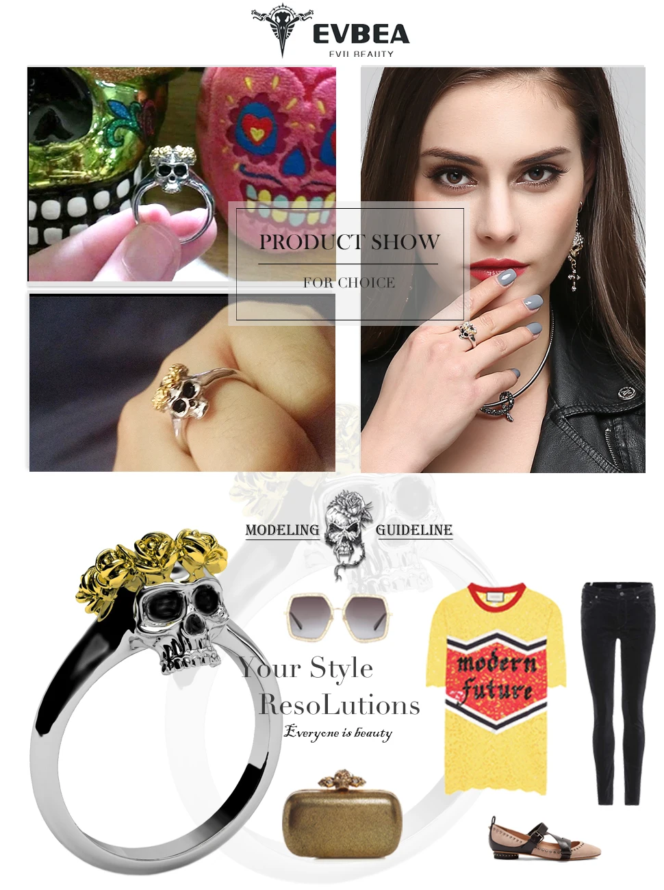 EVBEA Модные женские панк рок-кольца с желтой розой и черепом, очаровательные женские винтажные ювелирные изделия