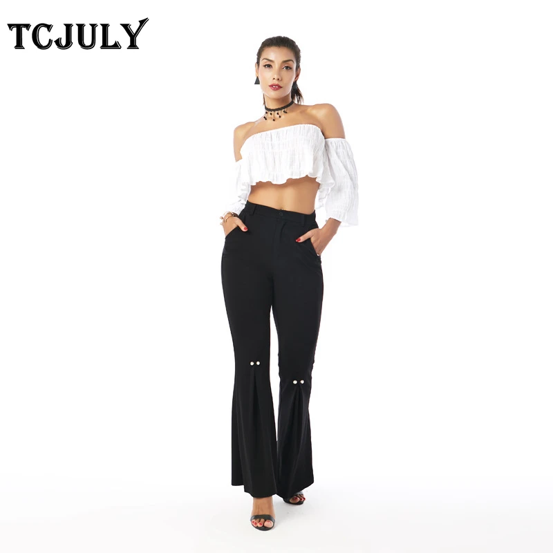 TCJULY Fashion 100 Cotton Flare Pants Broadcloth Embroidered Flares