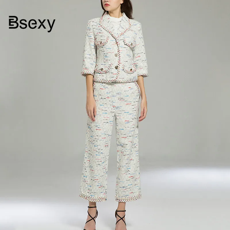 Office Lady two piece Tweed Set Women Crop Top Blazer Tweed Jacket and Wide pants Sets Autumn Winter Outfit Coat trousers suits
