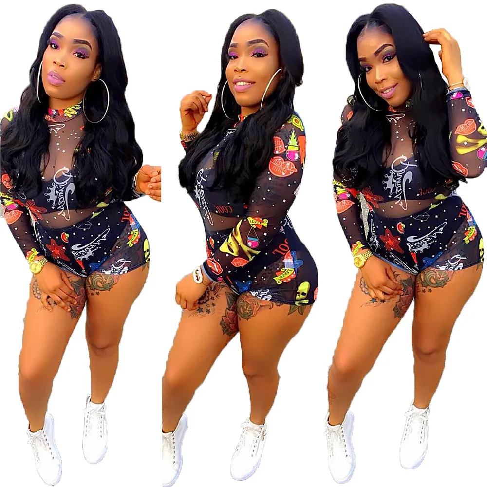 

women mesh sexy print bodysuit summer skinny long sleeve jumpsuits ladies fashion club body femme playsuit 9055