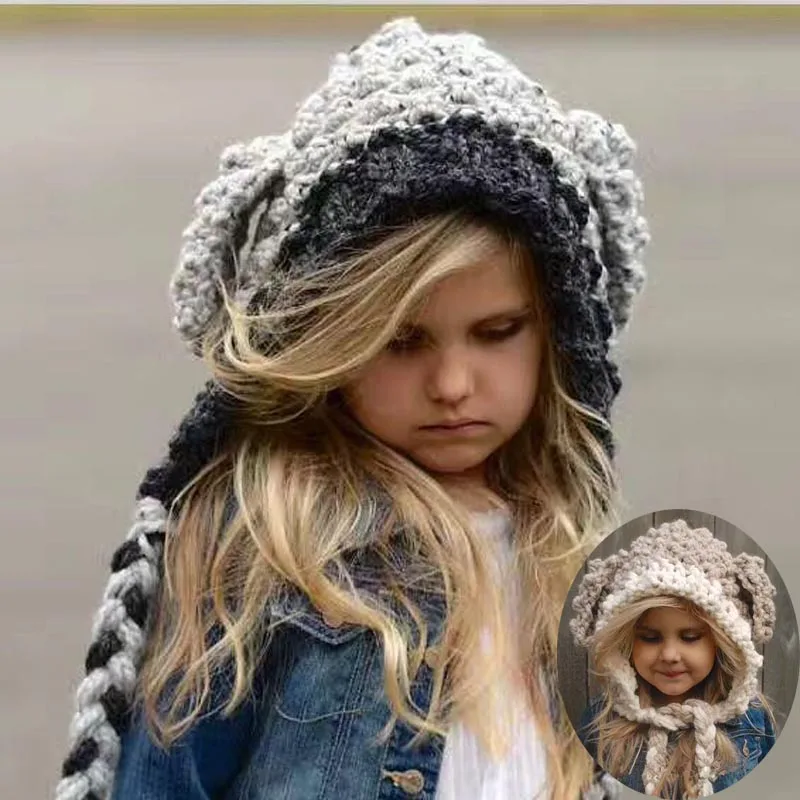 

Cartoon Long Ears Boy Girl Knitted Cap Striped Woolen Caps Rabbit Bunny Baby Beanies Hats Winter Warm for 3-10Yrs Kid