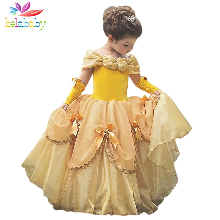 

Belababy Baby Girls Dress 2018 Toddler Cotton Solid Bow Sling Fluffy Gown Princess Vestidos Childern's Performance Costume