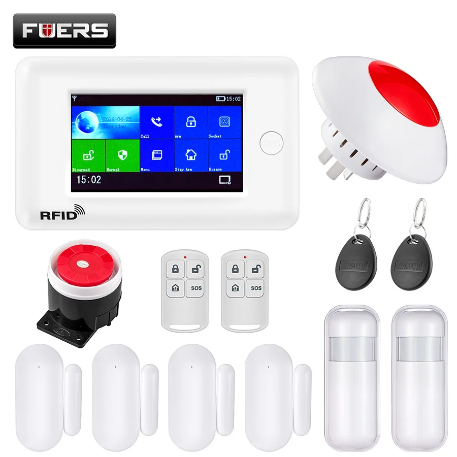 FUERS wifi GSM GPRS умная домашняя система охранной сигнализации 4,3 дюймов цветной экран приложение RFID Контроль Детектор дыма PIR детектор движения - Цвет: KIT4