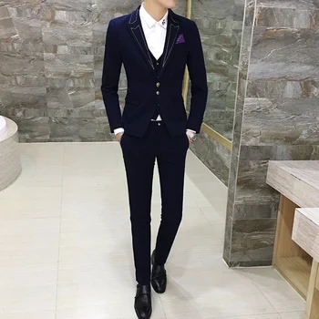 

Suit 3 Piece Sets mens Slim Elegant men Blazer Jacket and Vest and Pants , Cotton and Polyester Fabrics men Suits Size S-2XL