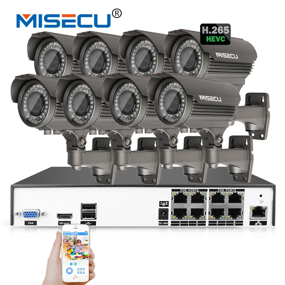 Acheter MISECU H.265 H.264 48 v 8*4.0 mp 2.8 12mm Zoom Hi3516D OV4689 8Ch IEE802.3af 4.0MP onvif 4 k POE P2P HDMI Métal Nuit CCTV Système