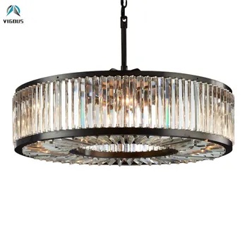 

American RH K9 Crystal E14 Led Pendant Light Round Black Metal Led Pendant Lamp Suspend Lamp Led Light Hang Lamp Indoor Lighting