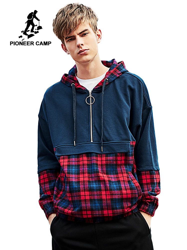 

Pioneer Camp Plaid hip hop Hoodies Men brand clothing Zipper Pocket Fashion patchwork Streetwear Sweatshirt male AWY908055