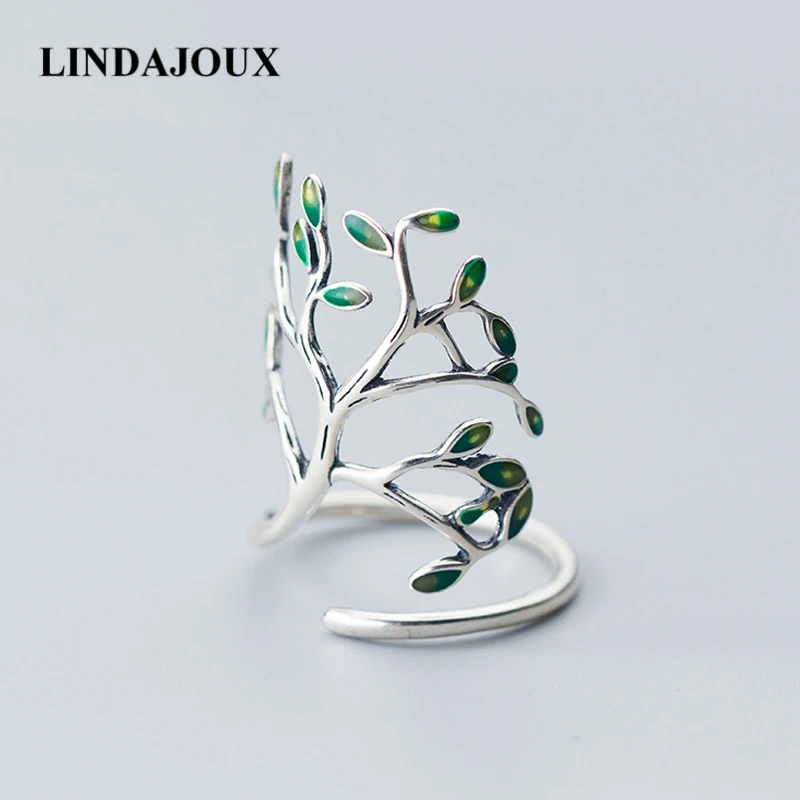 

925 Sterling Silver Green Enamel Leaf Open Rings For Women Wedding Engagement Ring Silver 925 Jewelry