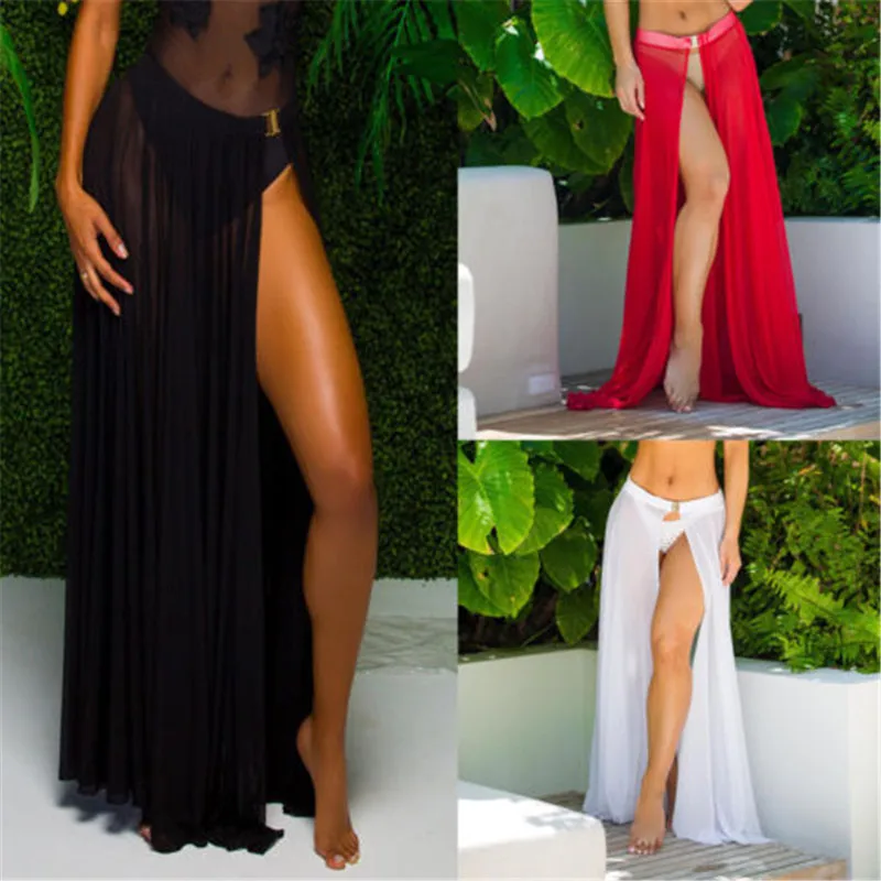 

2018 Hot Summer Women Chiffon Transparent Long Skirts Elastic Waist Pleated Maxi Skirts Beach Boho Vintage Summer Bathing Skirts