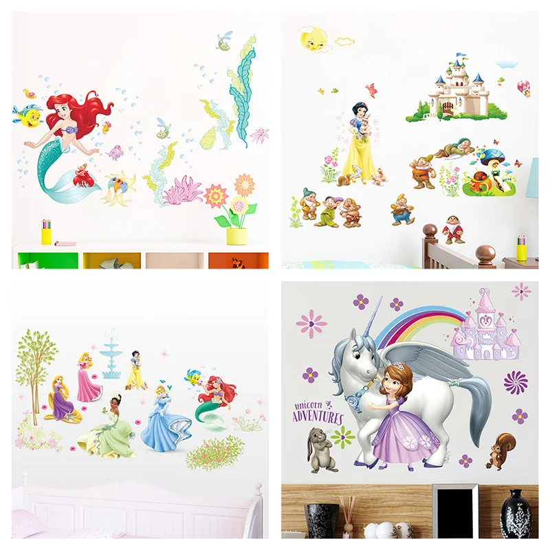 Snow White Sofia Mermaid Rapunzel Cinderalle Belle Ariel Princess Wall Stickers For Home Decor Kids Room Decal Cartoon Mural Art