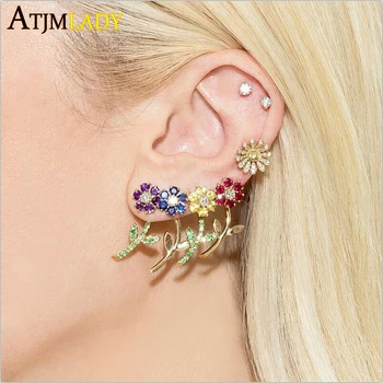 

Fashion Gold Color geometric dainty flower leaf stud Earrings Wholesale For Women double side cz earring Geometry Brincos Bijoux